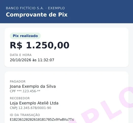 O mesmo comprovante fictício com valor editado